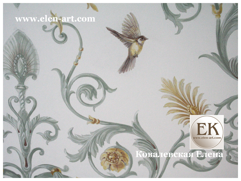 фрагмент альфрейной росписи с пальметками и птичками